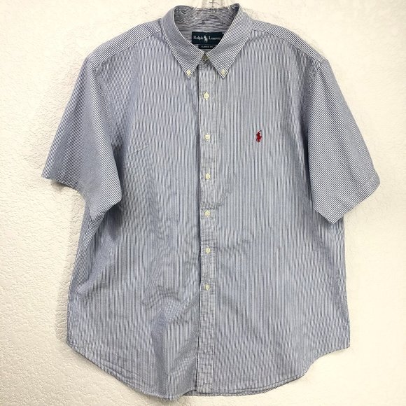 Ralph Lauren Blue and White Striped Button Up Short Sleeve Shirt - Picture 1 of 5